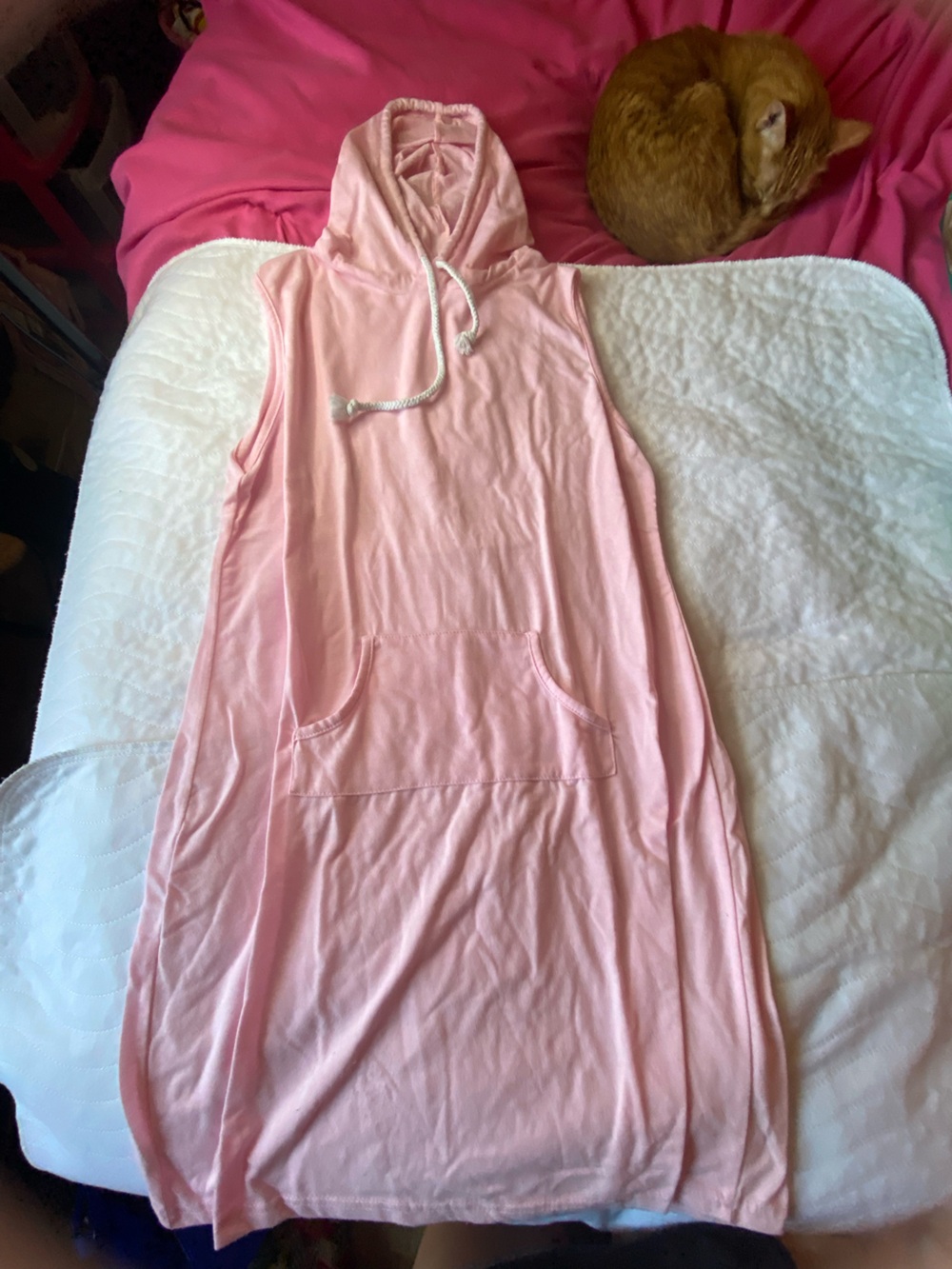 Sleeveless Pink Hooded Sleep Dress with Front Pocket